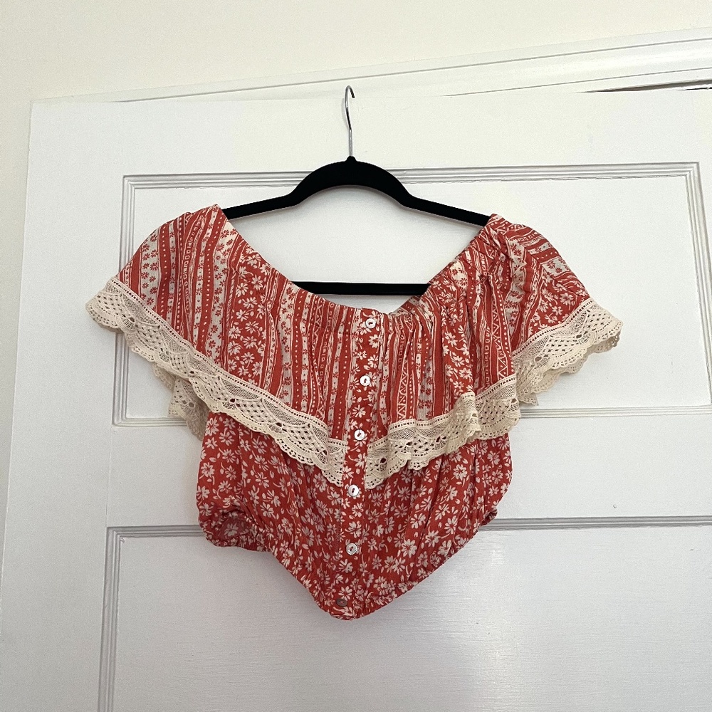 Lost + Wander crop top, orange, ruffle, floral, small